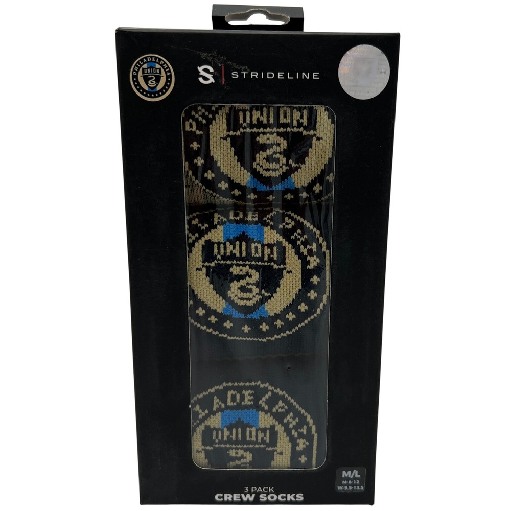 Strideline Philadelphia Union MLS Mens Crew Socks 3 Pack Navy Gold Size M/L 8-12
